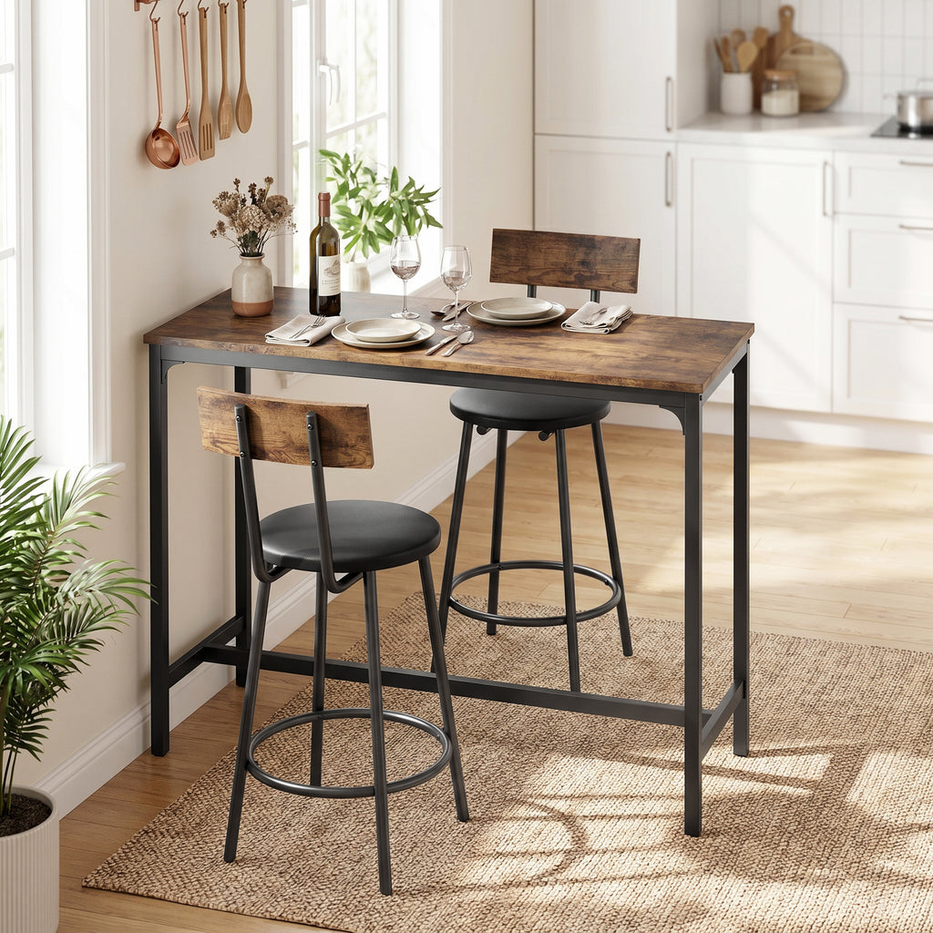 HOMCOM 3-Piece Bar Table Set Space-Saving Kitchen Table Rustic Brown