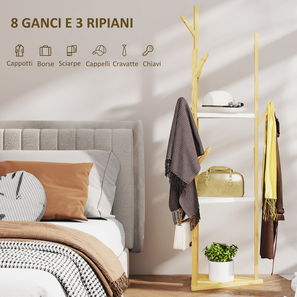 Tree Clothes Hanger in Bamboo with 8 Hooks and 3 Shelves, Natural Wood and White
