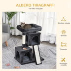 Scratching Tree for Cats with Sisal Poles, Bed and 2 Houses, 59x39x83cm, Dark Gray