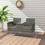 Outsunny 2-Seater Outdoor Bench with Coffee Table, Steel and PE Rattan, 137x59x82 cm, Grey