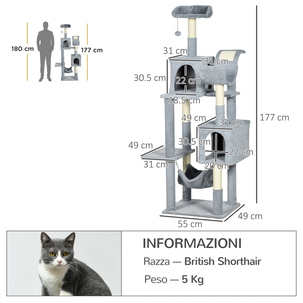 Pawhut for cats with hammocks, cot and 2 houses, in chipboard and plush, 55x49x177 cm, gray and white - Borgè