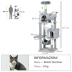 Pawhut for cats with hammocks, cot and 2 houses, in chipboard and plush, 55x49x177 cm, gray and white - Borgè