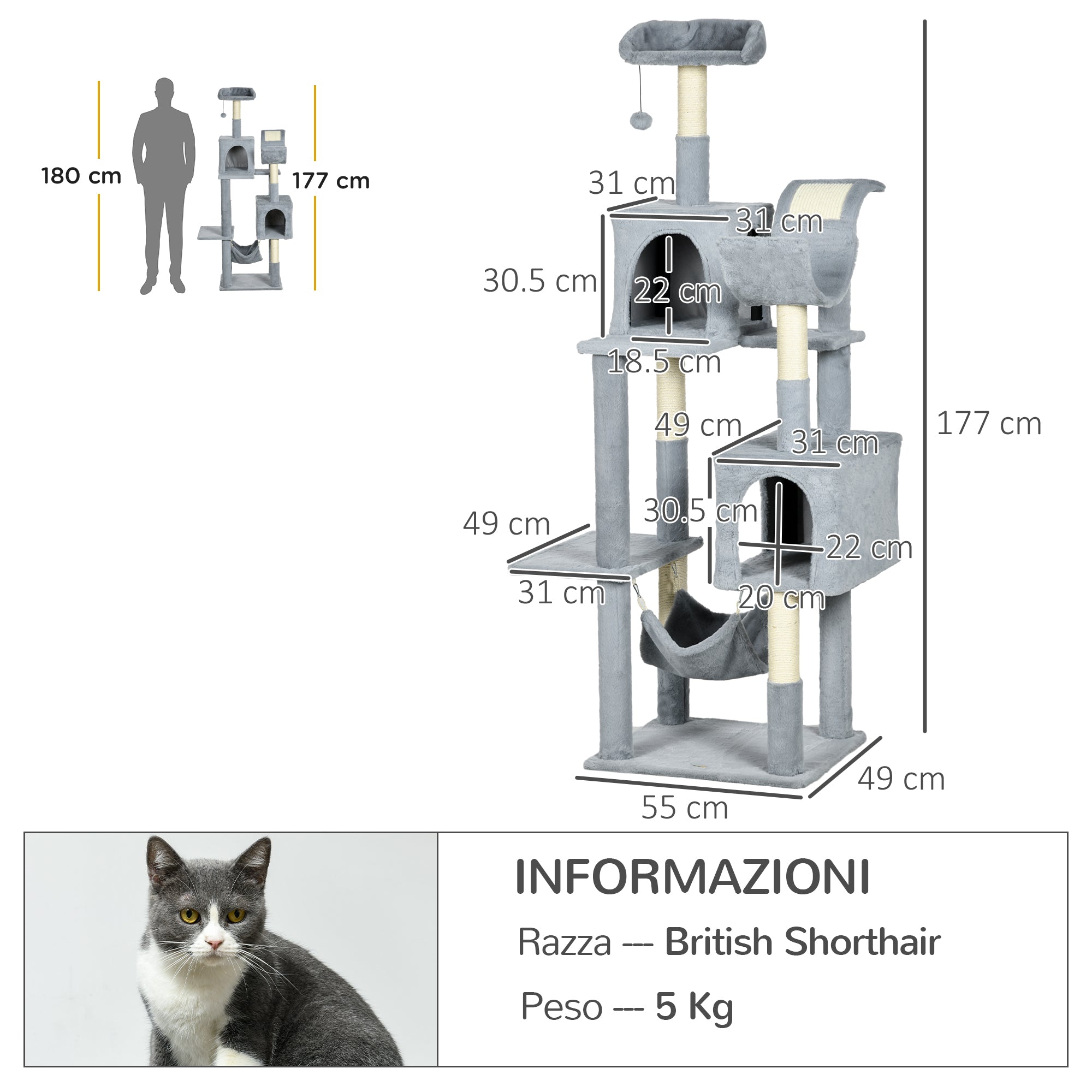 Pawhut for cats with hammocks, cot and 2 houses, in chipboard and plush, 55x49x177 cm, gray and white - Borgè