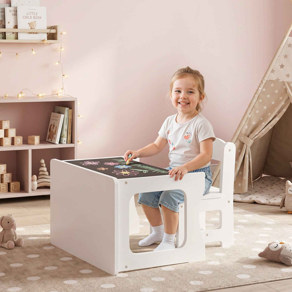 AIYAPLAY Wooden Table and Chair Set for Children Ages 3-6 with Reversible Top, Rounded Corners, White