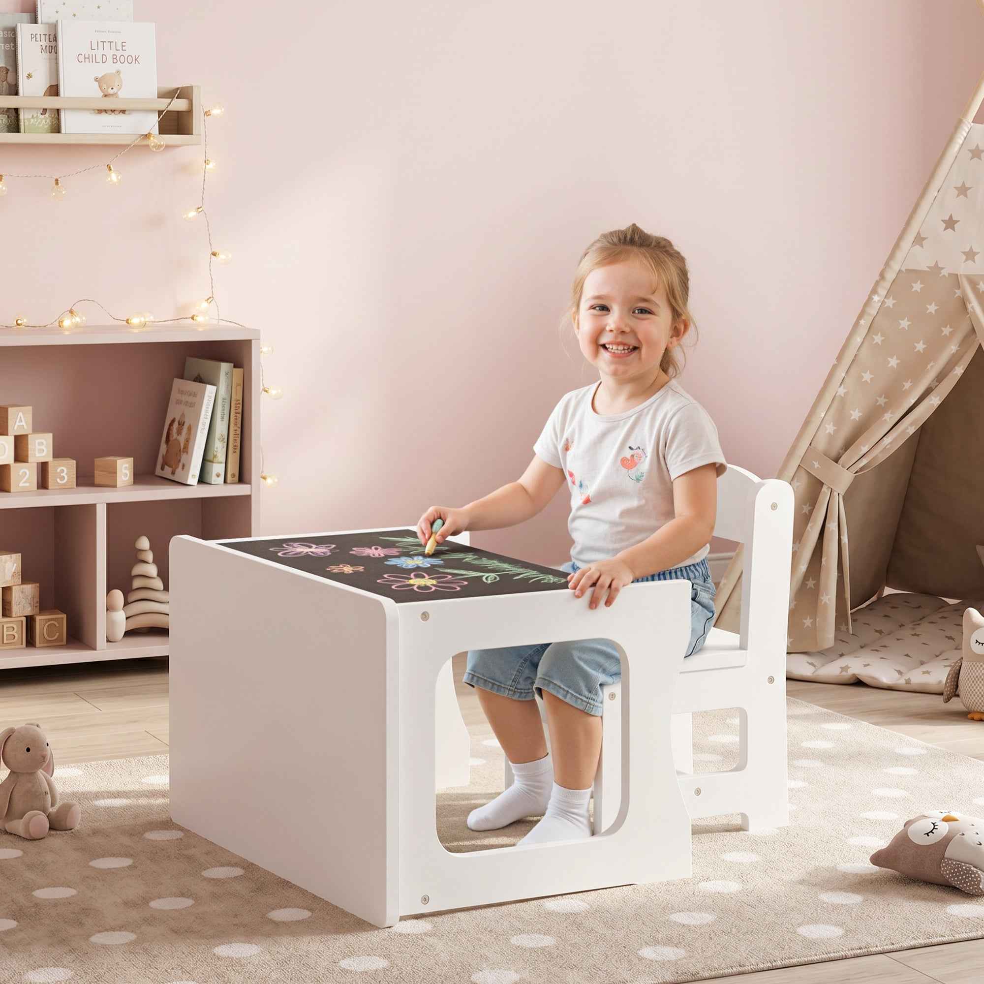 AIYAPLAY Wooden Table and Chair Set for Children Ages 3-6 with Reversible Top, Rounded Corners, White