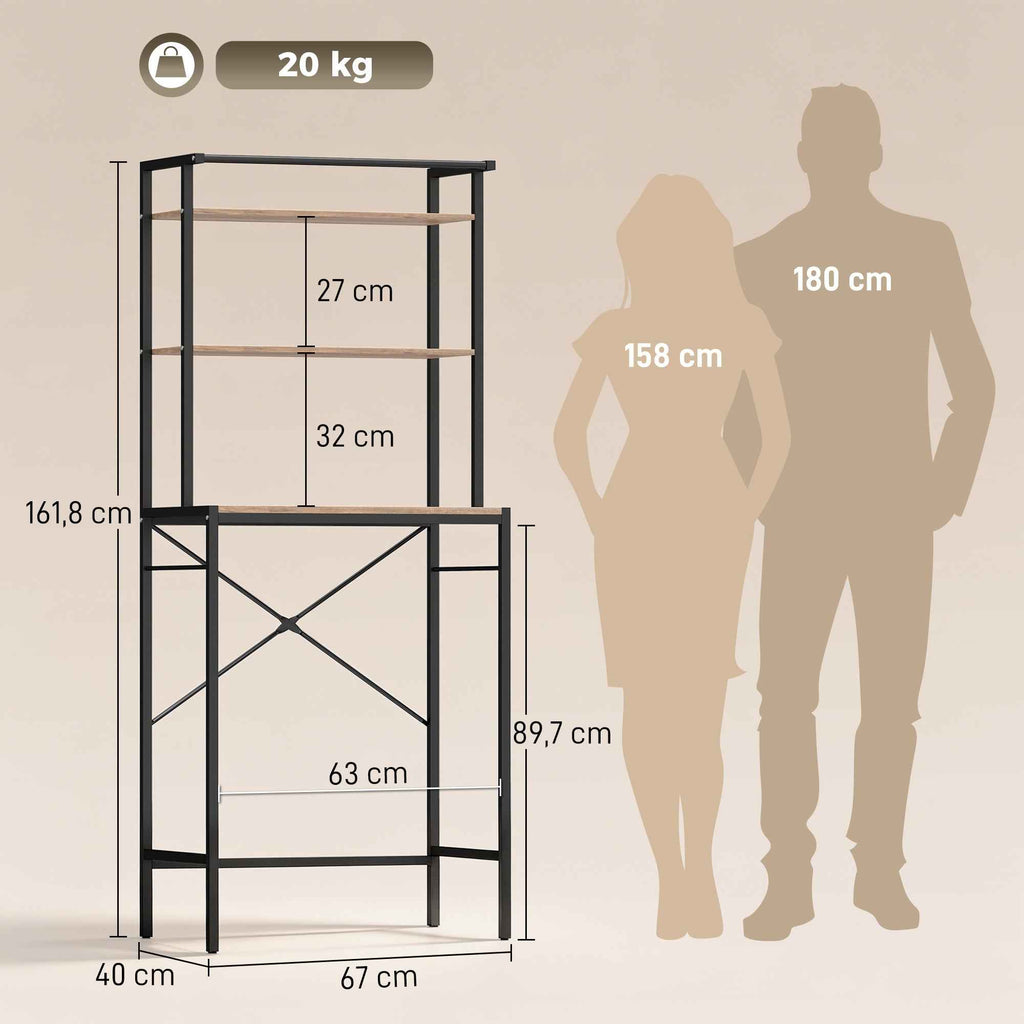 HOMCOM 3-Tier Washing Machine Cabinet with Hanging Rail, Wood and Steel, 67x40x161.8 cm, Brown and Black