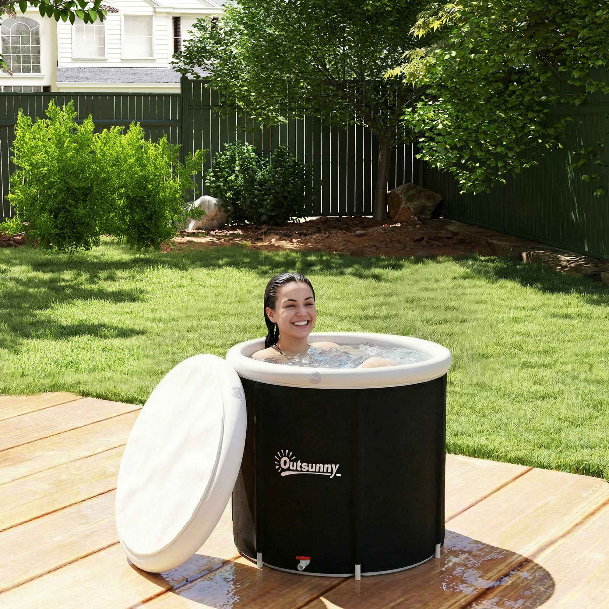 Outsunny 280L Ice Tub for Athletes with Cover and Pump, Ø78x71 cm, Black