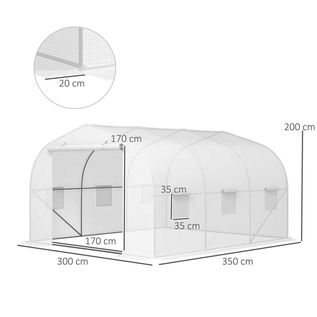 Garden Tunnel Greenhouse with 6 Windows and Roller Door, Steel and PE, 3.5x3x2 m, White