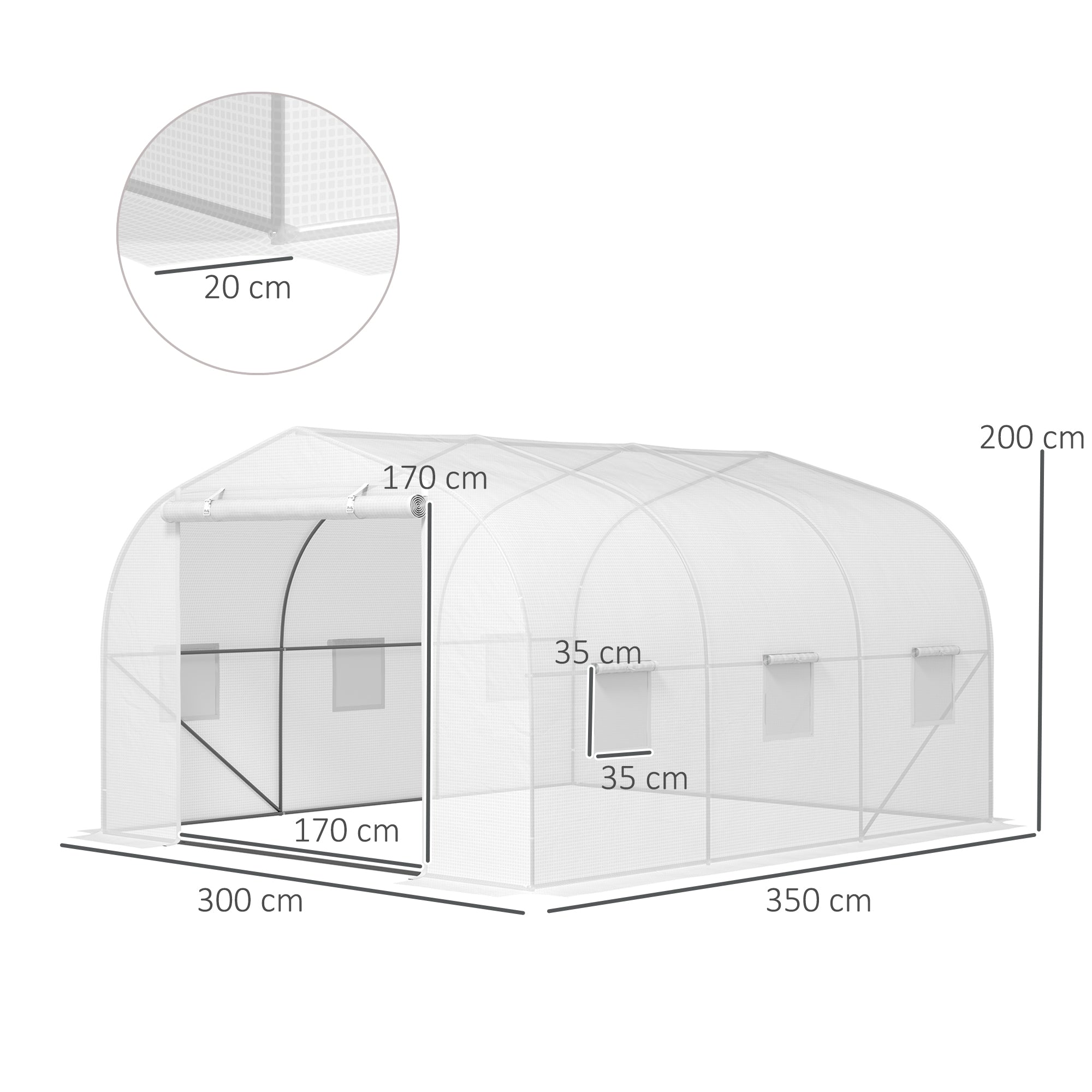 Garden Tunnel Greenhouse with 6 Windows and Roller Door, Steel and PE, 3.5x3x2 m, White
