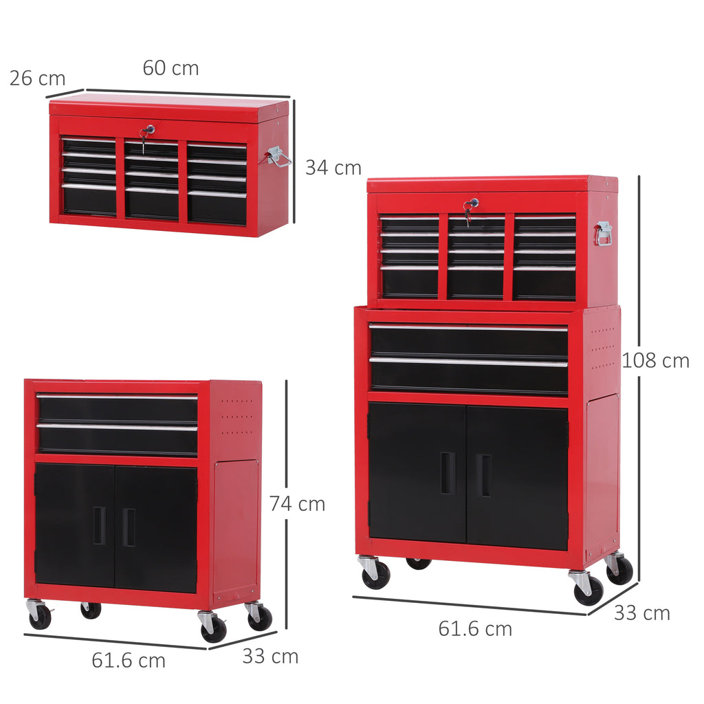 2-in-1 Tool Cart with Upper Drawer and Lower Cabinet, Metal, 61.6x33x108 cm, Red