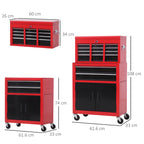 2-in-1 Tool Cart with Upper Drawer and Lower Cabinet, Metal, 61.6x33x108 cm, Red