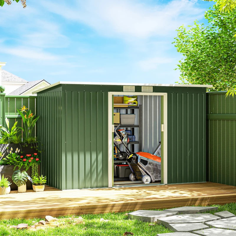 Steel Sheet Garden Tool Shed, Steel Garden Storage Shed with Sliding Doors, 280x130x172cm, Light Green