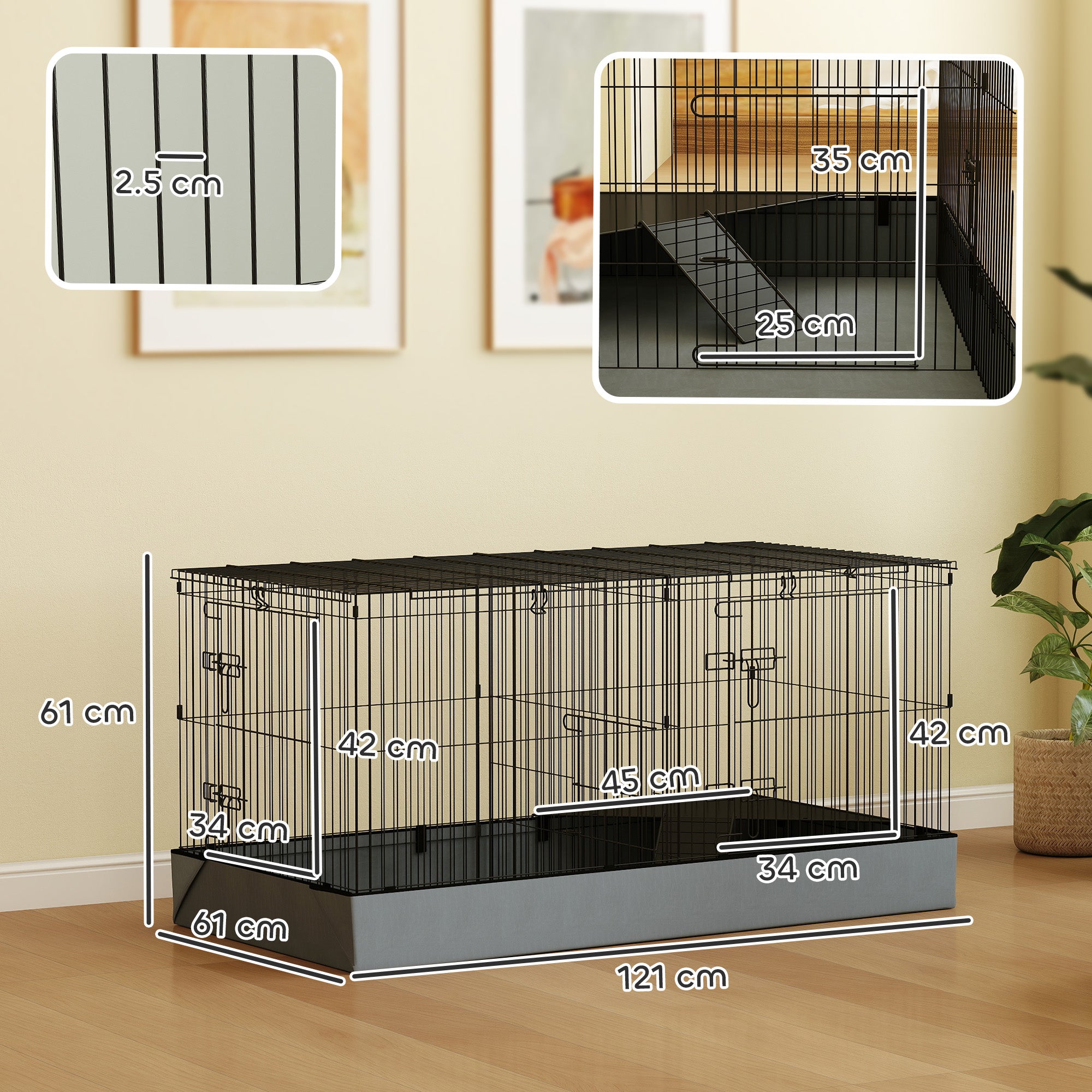 2 in 1 Small Animal Cage, Removable Lid and Separate Sections, 121x61x61 cm, Black