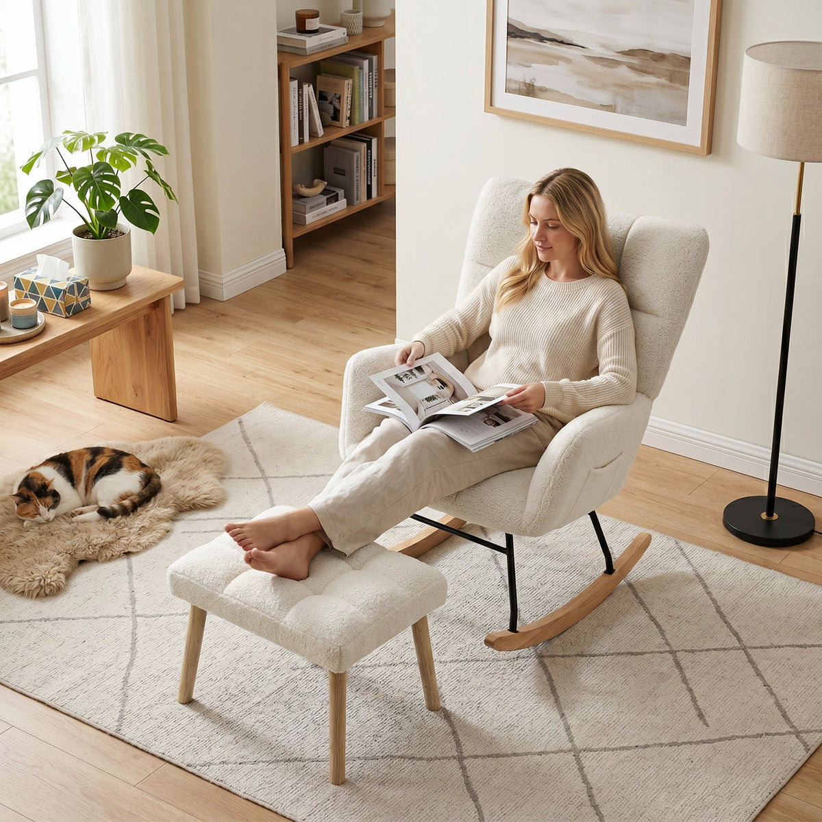 HOMCOM Sherpa Rocking Chair with Footrest, Side Pockets, Thick Seat and Quilted Design, Cream
