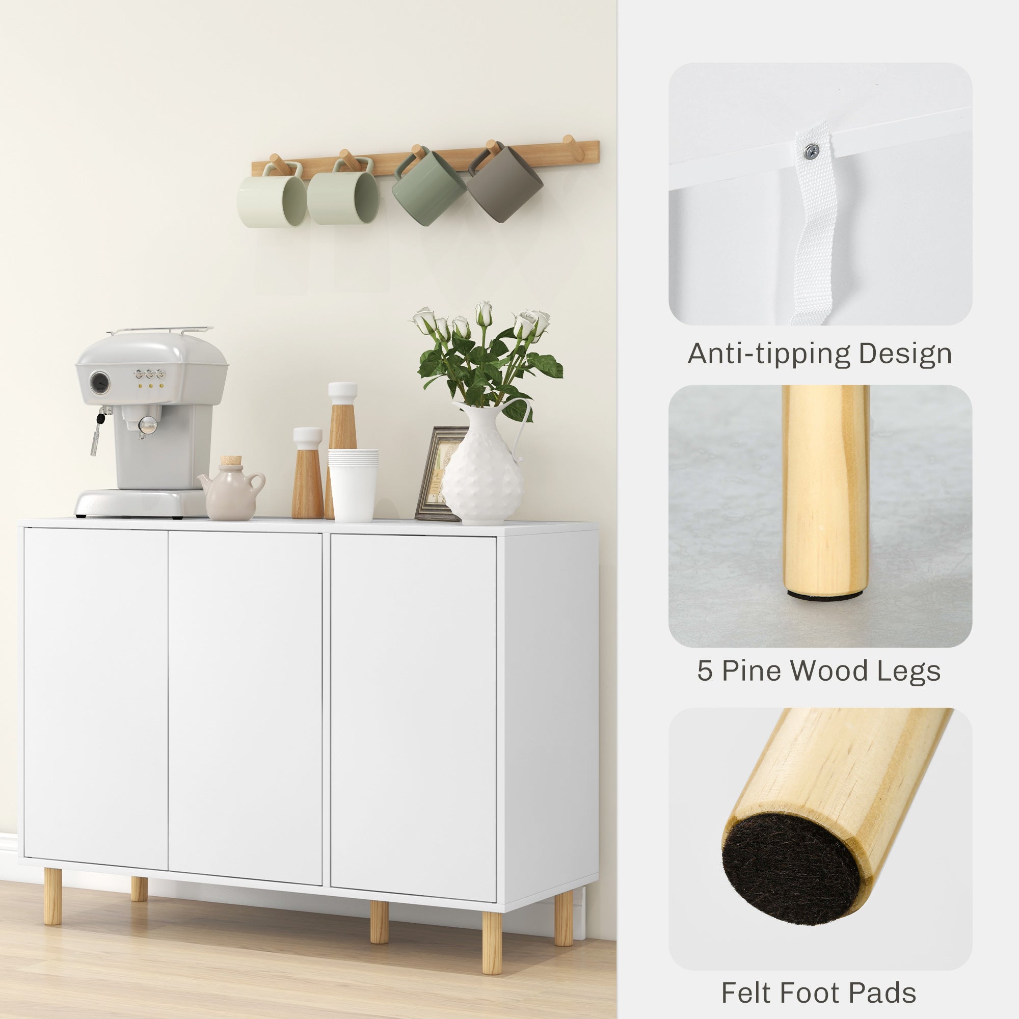 Modern Sideboard with 2 Cabinets and 3 Shelves in Wood, 107x40x80 cm, White
