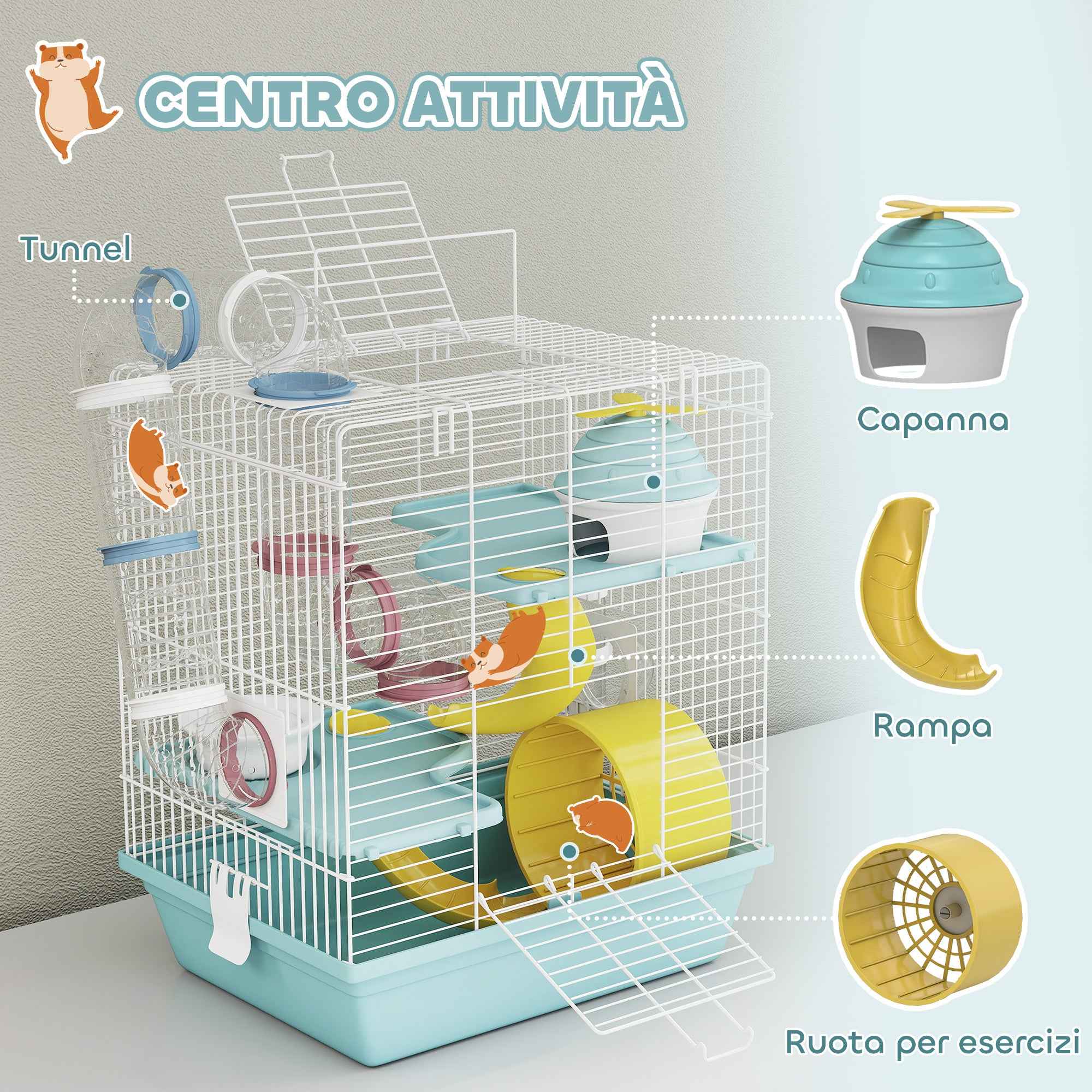 PawHut 3-Tier 12-Tube Hamster Cage with House, Ramp, and Accessories, Metal and Plastic, 34.5x27.5x41 cm, Grey