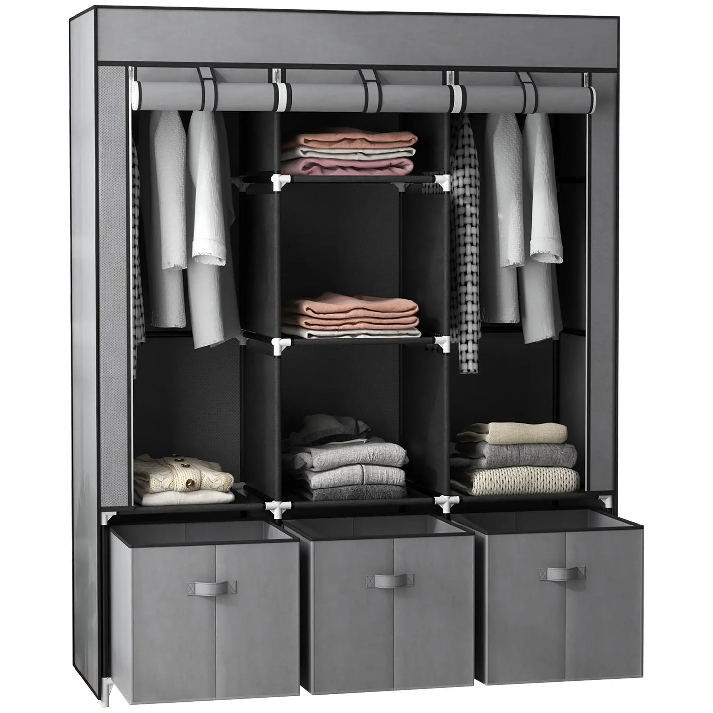 Folding Fabric Wardrobe with Drawers and Roll-Up Doors with Zip, 125x43x162.5cm, Dark Grey