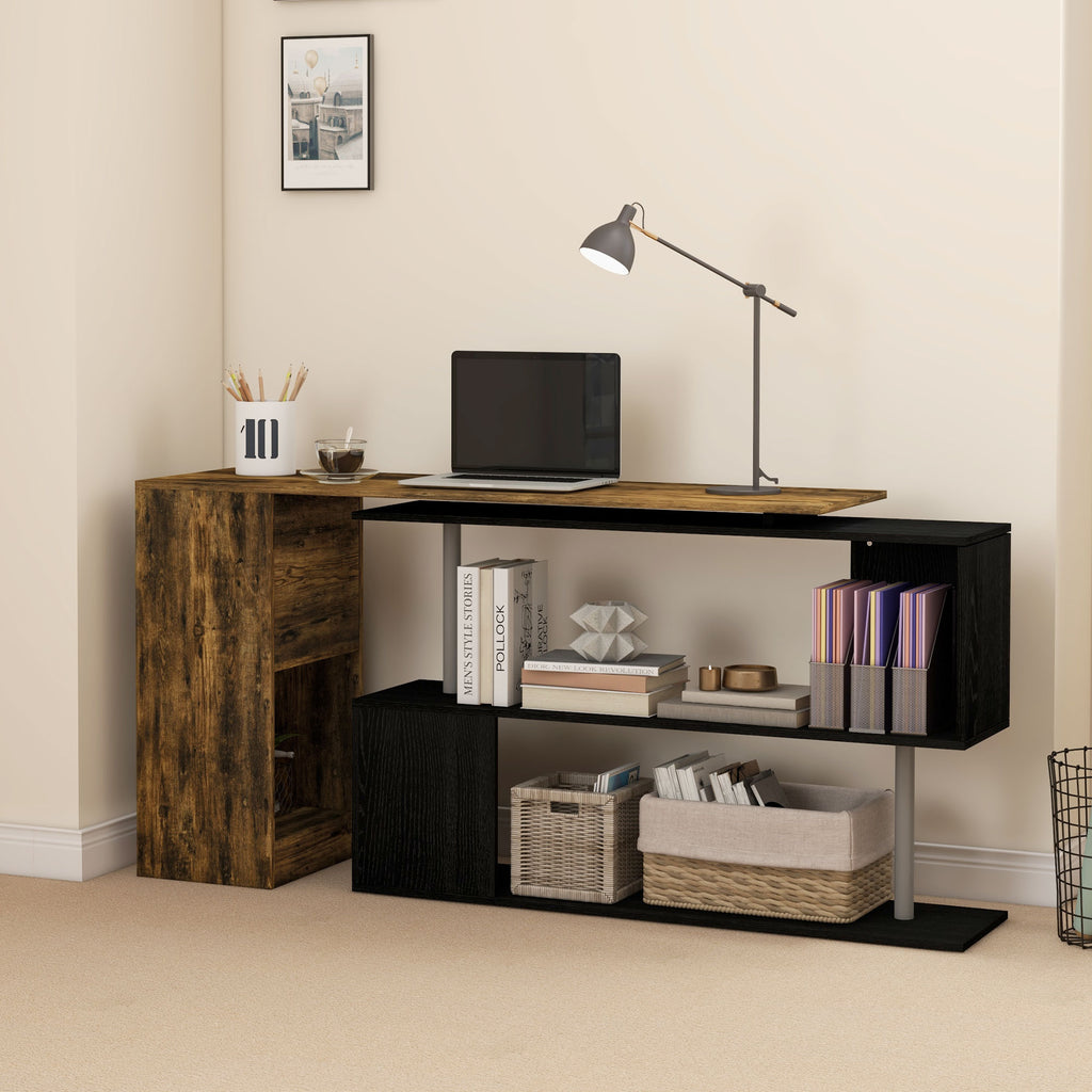 Space-Saving Corner Desk with S-Shaped Shelf, Wooden, 140x120x78 cm, Brown and Black