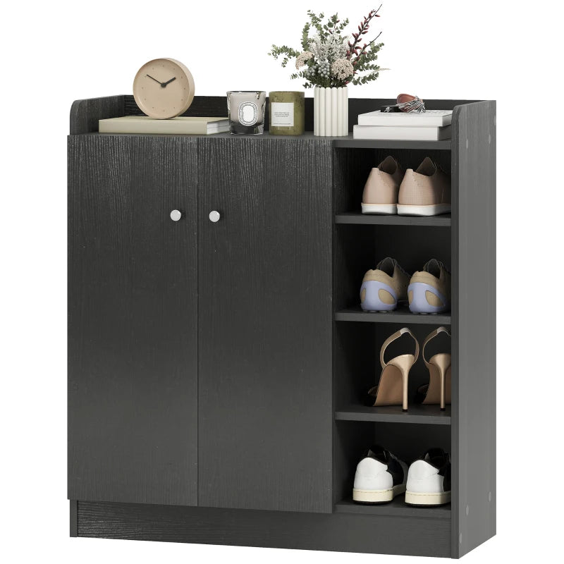 Shoe Rack with 4 Open Shelves, Multipurpose Shoe Cabinet with 2 Doors and Adjustable Shelves, Space-Saving Shoe Storage for 12 Pairs, 83x30x90 cm, Black