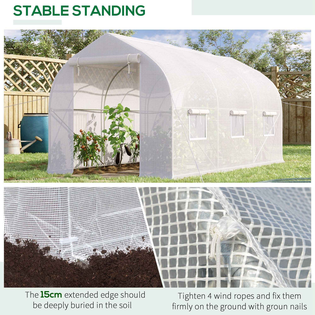 Outsunny UV-Proof Tunnel Greenhouse with 6 Mesh Windows and Roll-Up Entrance, Metal and PE, 4x2x2 m, White