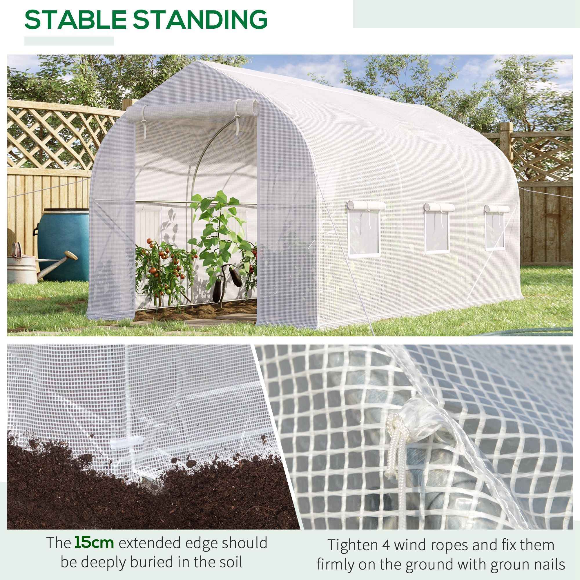 Outsunny UV-Proof Tunnel Greenhouse with 6 Mesh Windows and Roll-Up Entrance, Metal and PE, 4x2x2 m, White