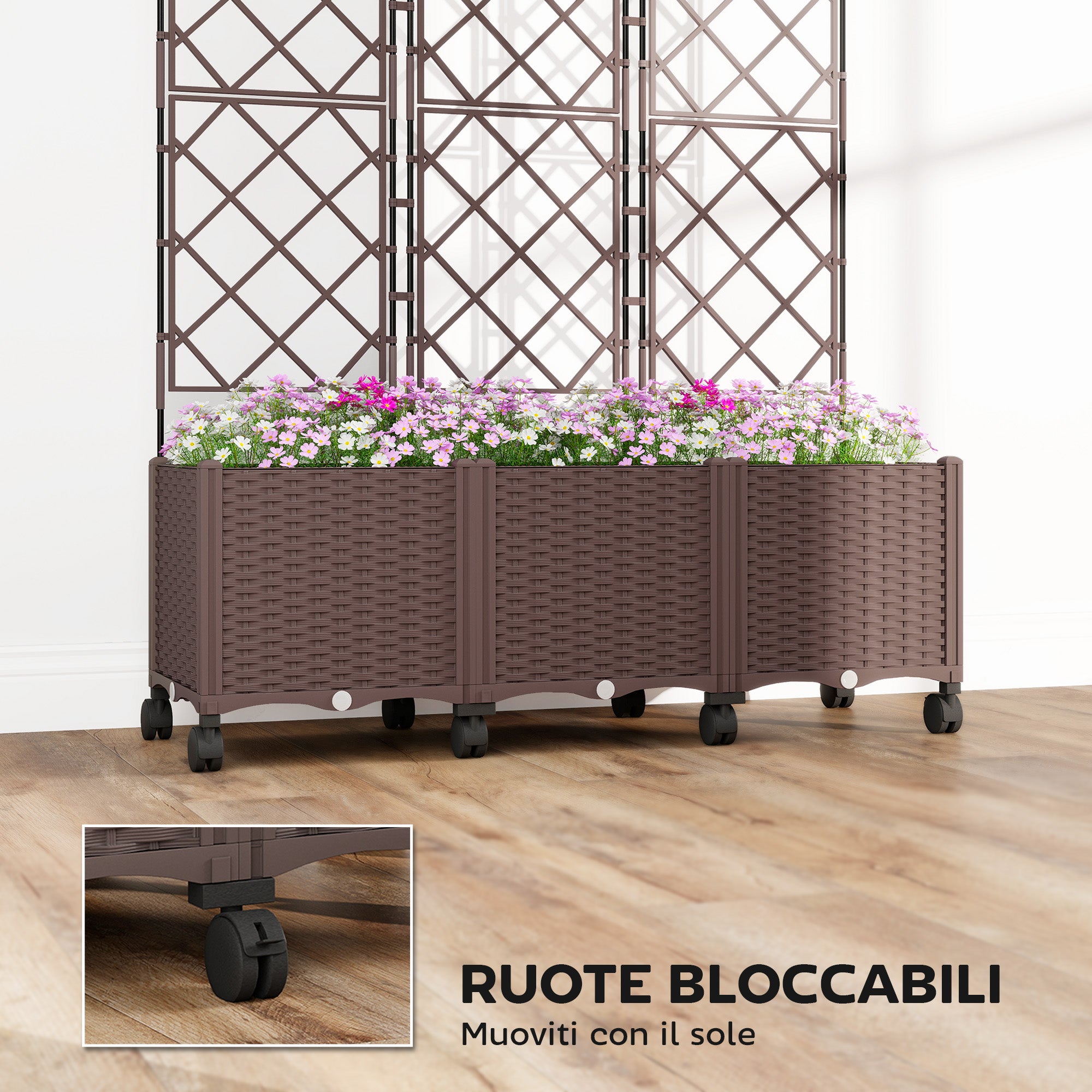Outsunny 130L Raised Trellis Planter with Lockable Wheels and Self-Watering System, Brown