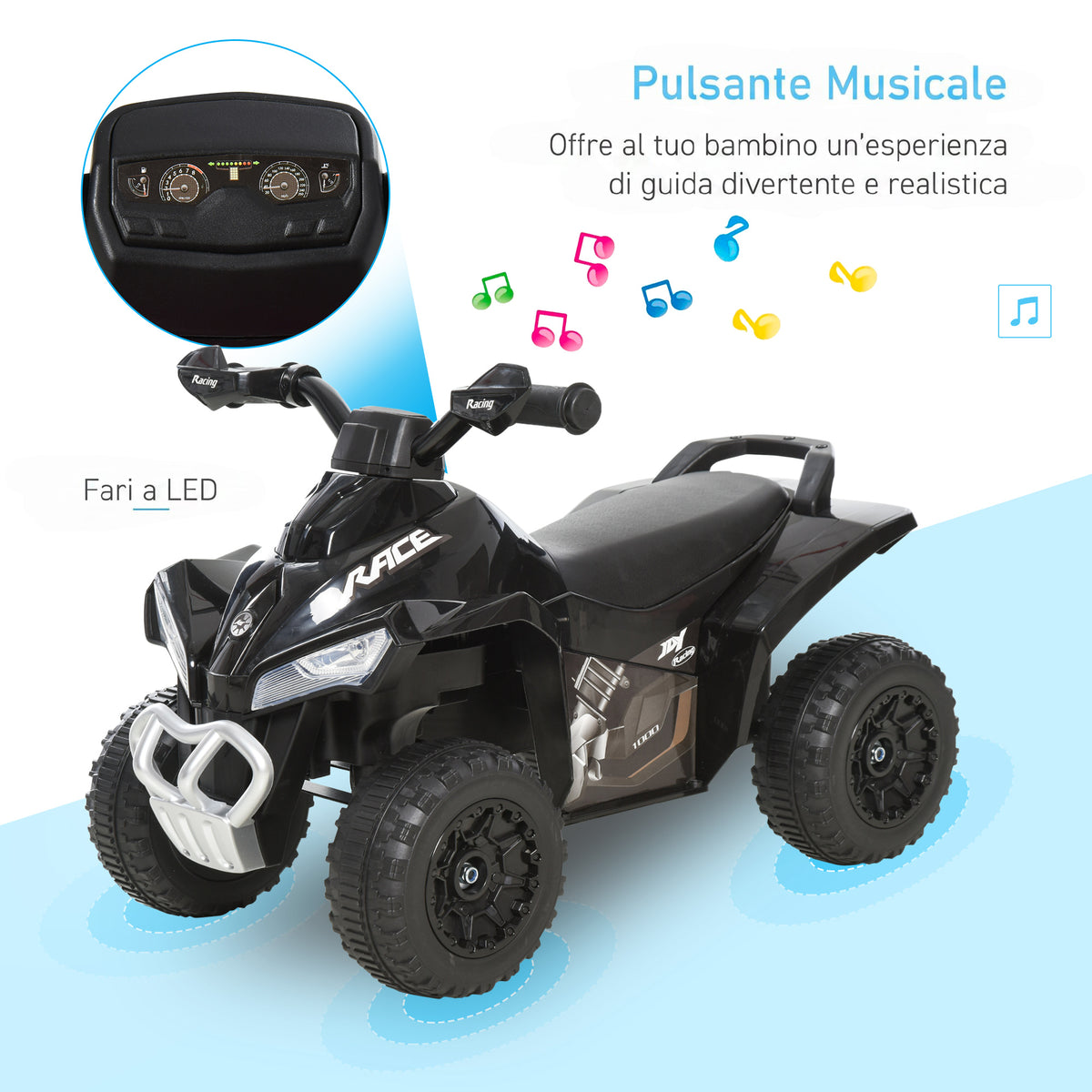 HOMCOM Mini Quad Bike for Children 18-36 Months, Manual Push with Built-in Music and Large PP and Metal Handle, Black