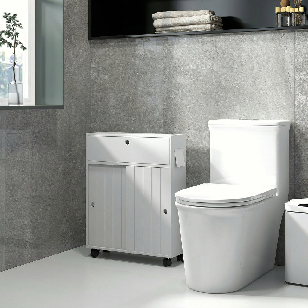 kleankin Narrow Bathroom Cabinet with Wheels, Sliding Doors, Adjustable Shelves and 2 Toilet Paper Holders, White