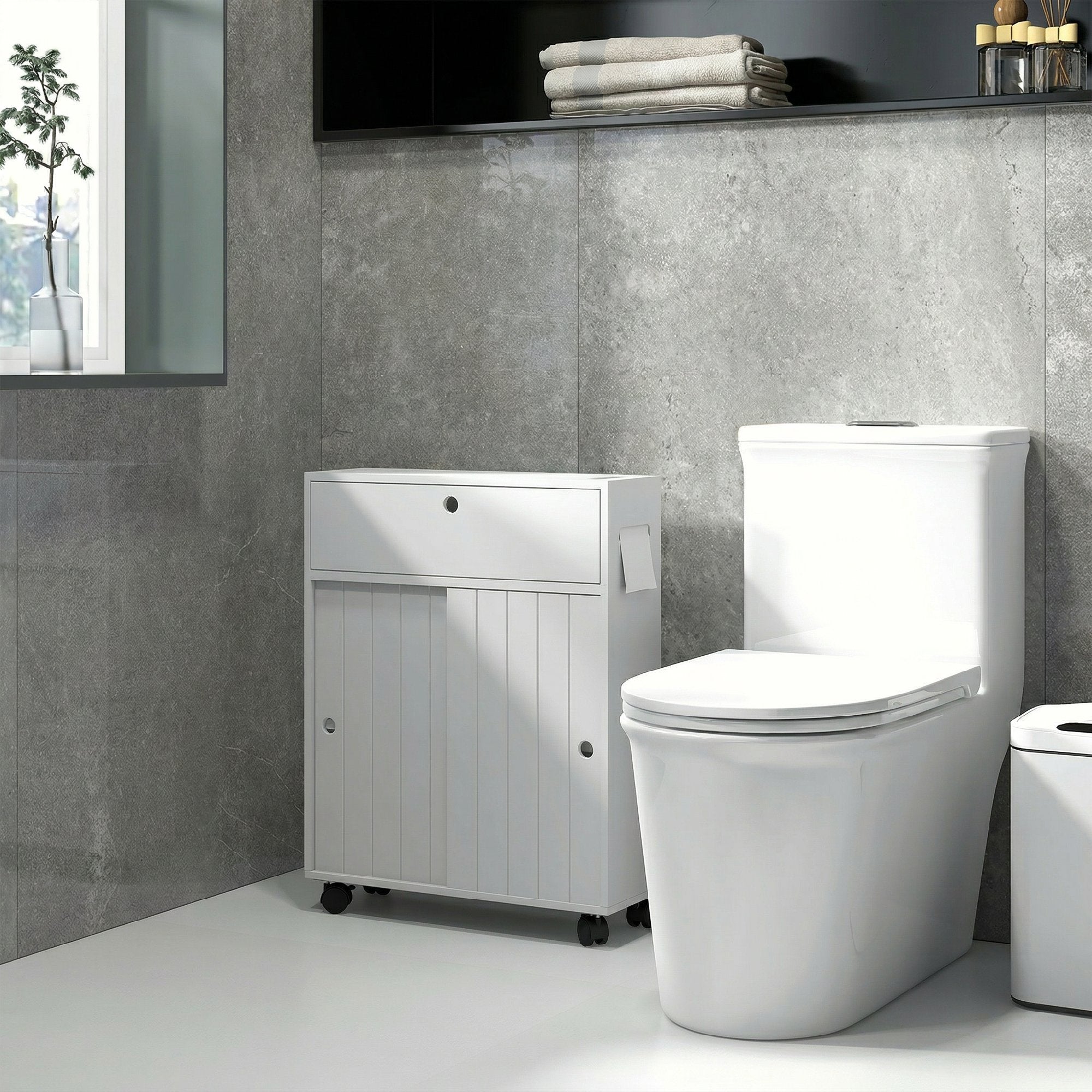 kleankin Narrow Bathroom Cabinet with Wheels, Sliding Doors, Adjustable Shelves and 2 Toilet Paper Holders, White