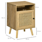 Boho Style Bedroom Bedside Table with Cabinet and Open Shelf in Wood and Rattan, 39x35x60 cm