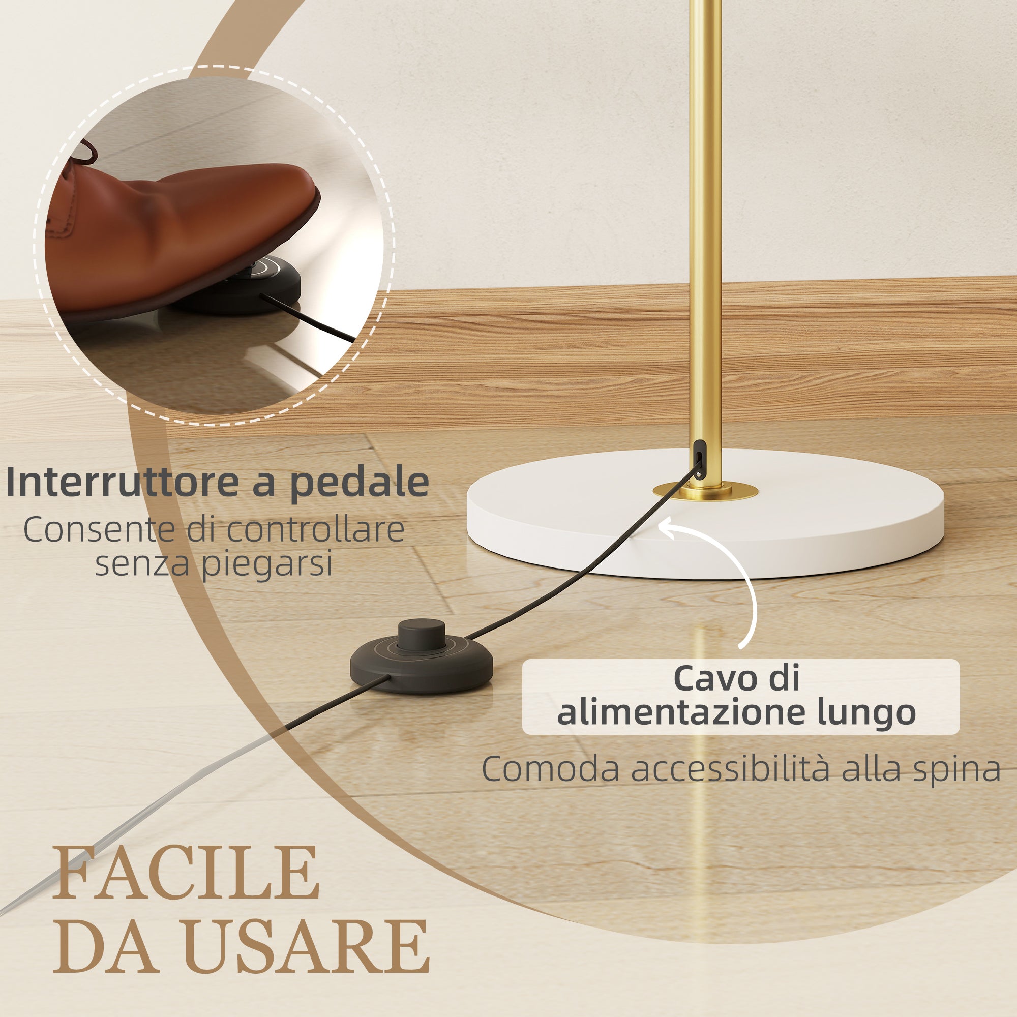 Modern Floor Lamp with Dimmable Light with Foot Switch and 3 Brightness, Gold