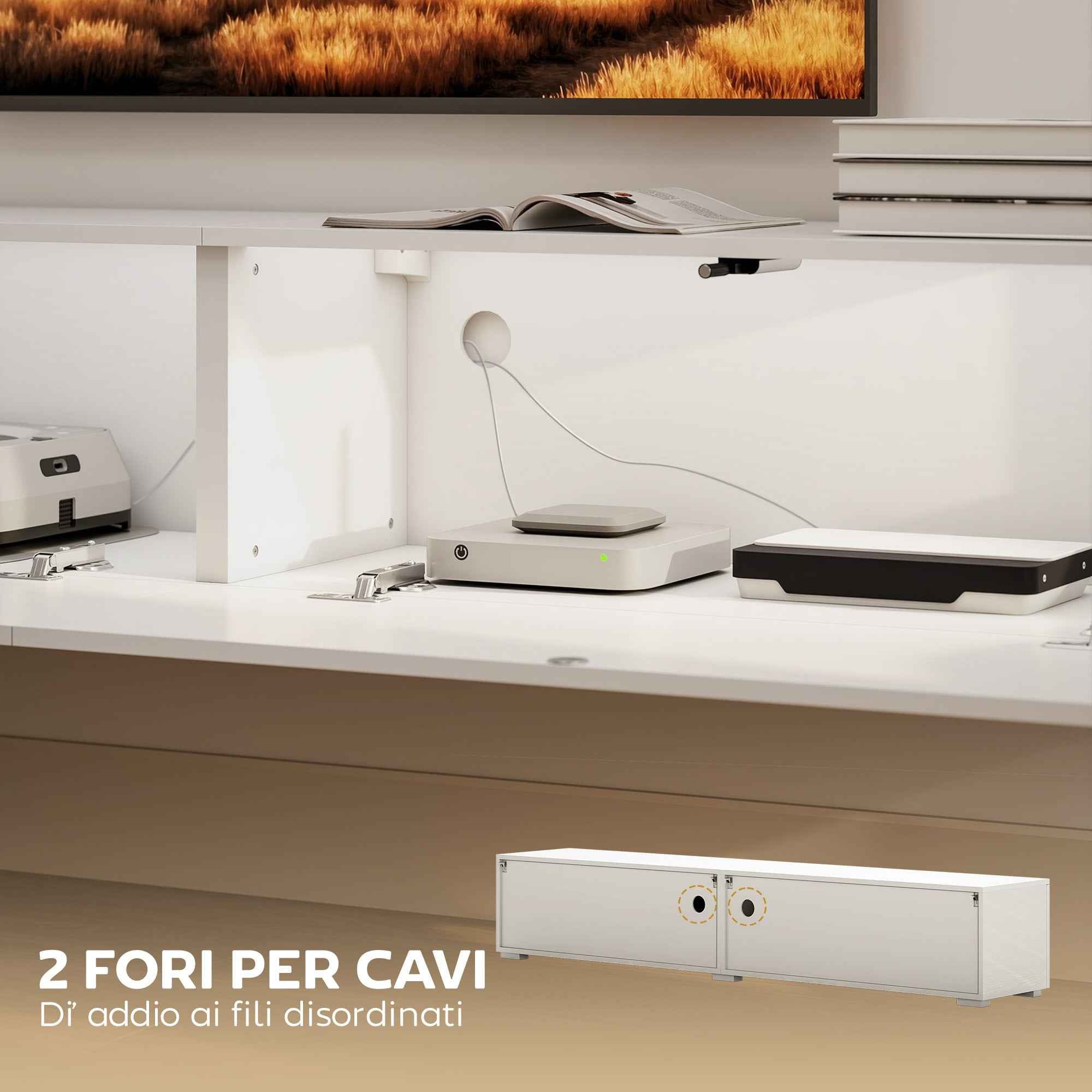 HOMCOM Wall-Mounted TV Stand for up to 75" with Pressure-Close Doors, 180x33x30 cm, Gloss White