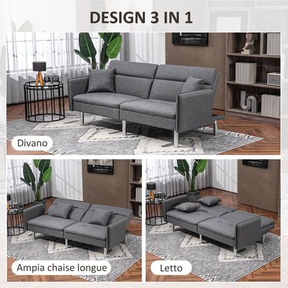 LARNACA - 3 Seater Sofa Bed with Click Clack Mechanism, Reclining Backrest and 2 Cushions, 189x91x84cm, Grey