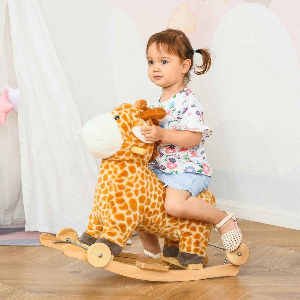 HOMCOM Giraffe Rocking Horse for Children Ages 3-6 with Wheels and Sounds, 63x38x63cm, Yellow
