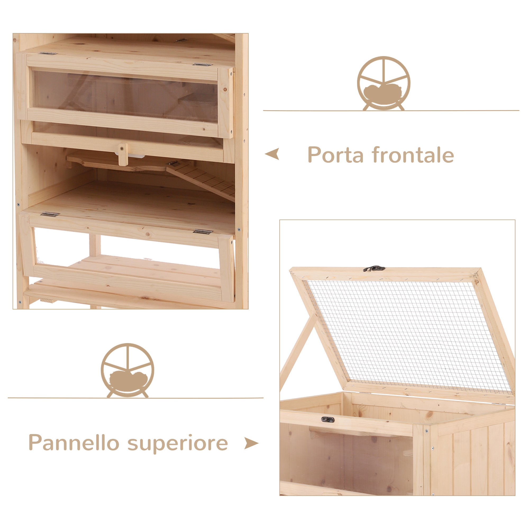 Solid Wood Hamster Cage for Rodents and Guinea Pigs with Opening Roof, 4 Connected Shelves with Ramps, 60x40x120cm