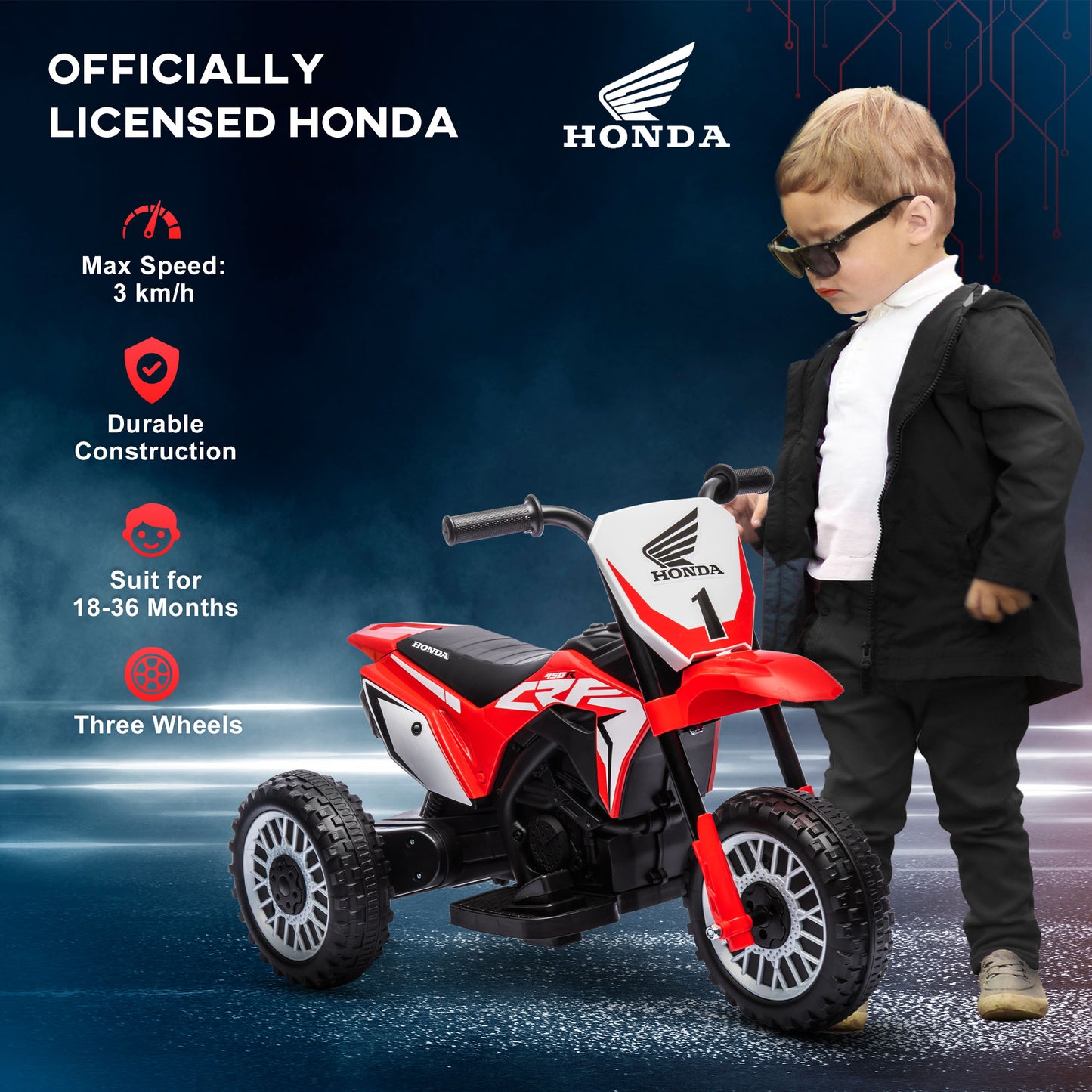 Electric Motorcycle for Children with License Honda CRF450RL 3 Wheels, Age 18-36 Months, Red