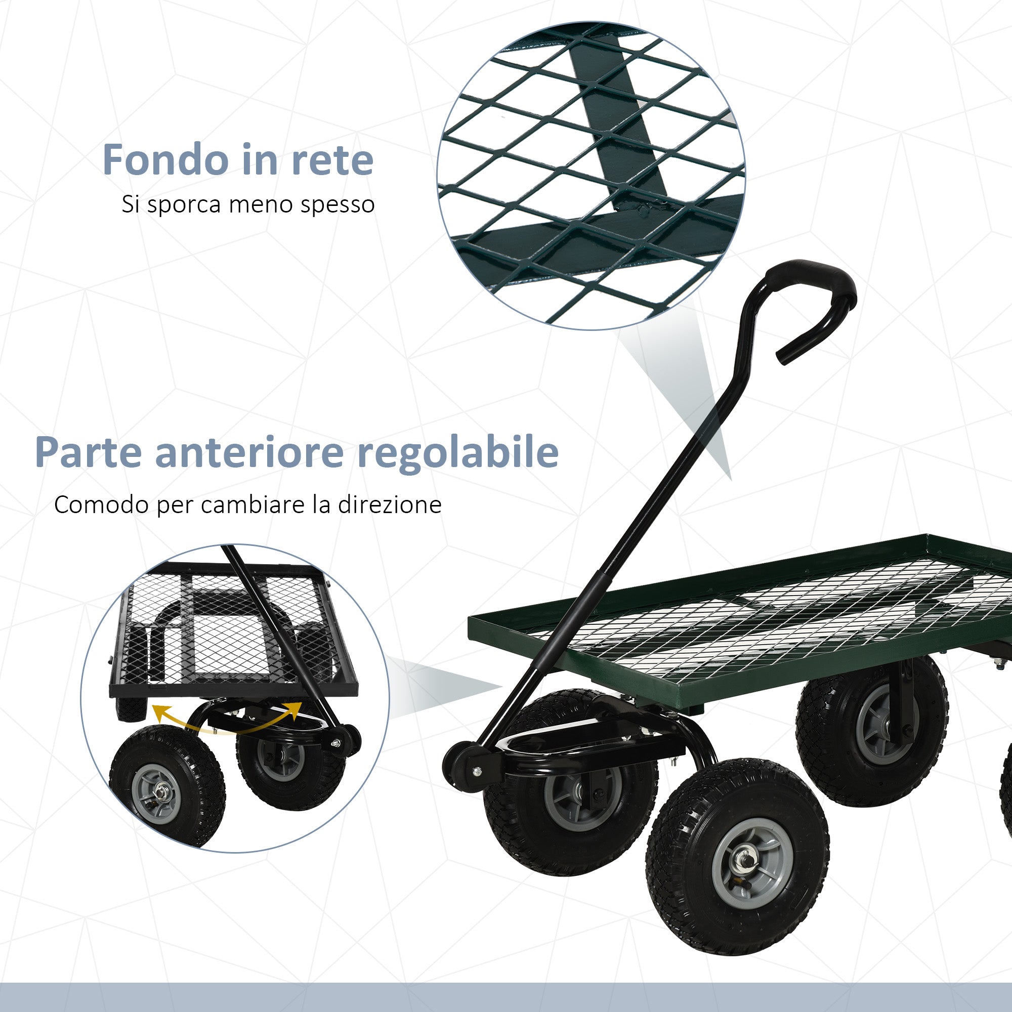 Steel Garden Trolley with 150 kg Capacity and Coated Handle, 94x48.5x100 cm, Black and Green