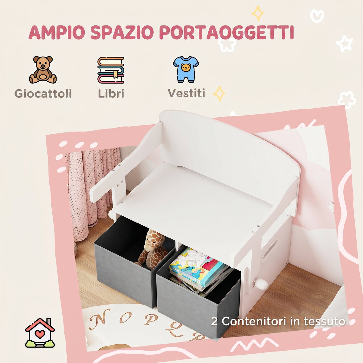 AIYAPLAY 3 in 1 Toy Bench for Children Ages 3-6, Convertible to Table and Chair with 2 Storage Bins, White