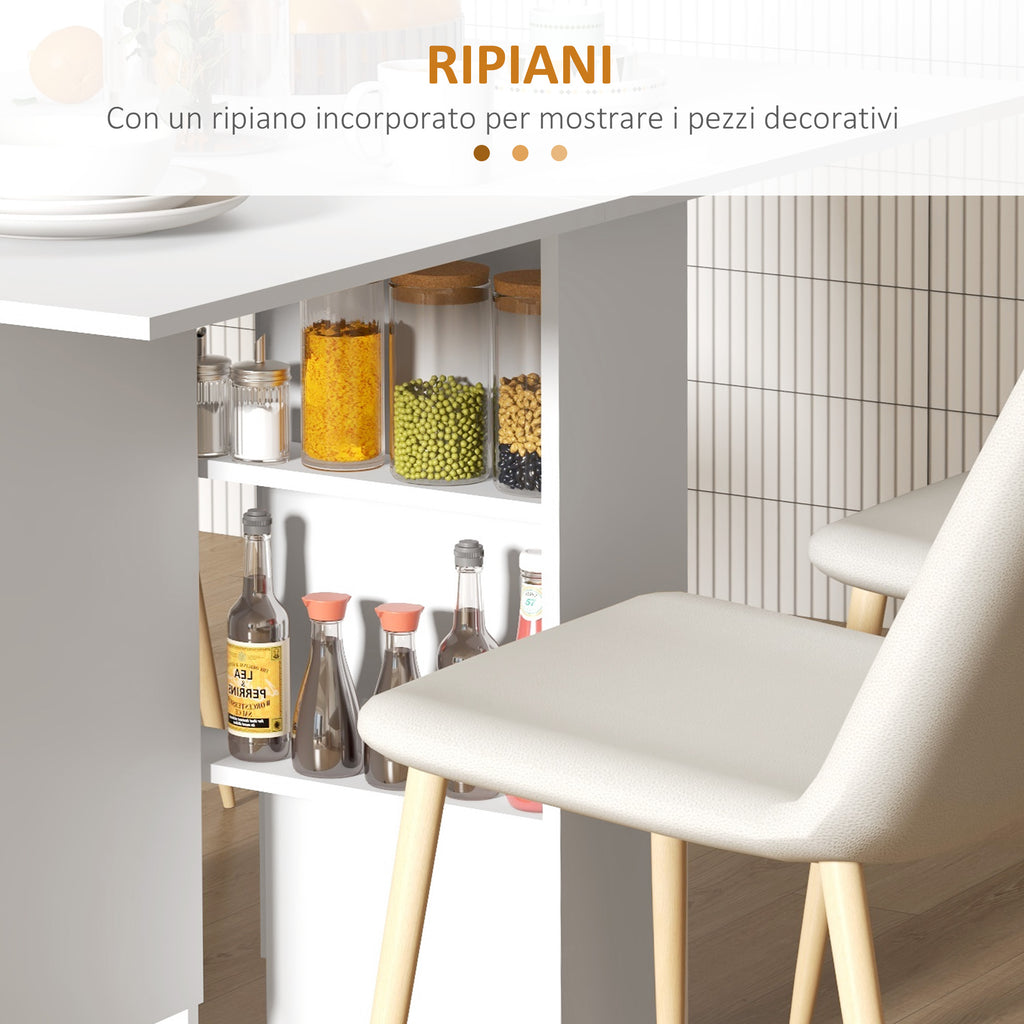 Space-Saving Folding Table with 2 Flaps for 6 People with Shelves and Wheels, White