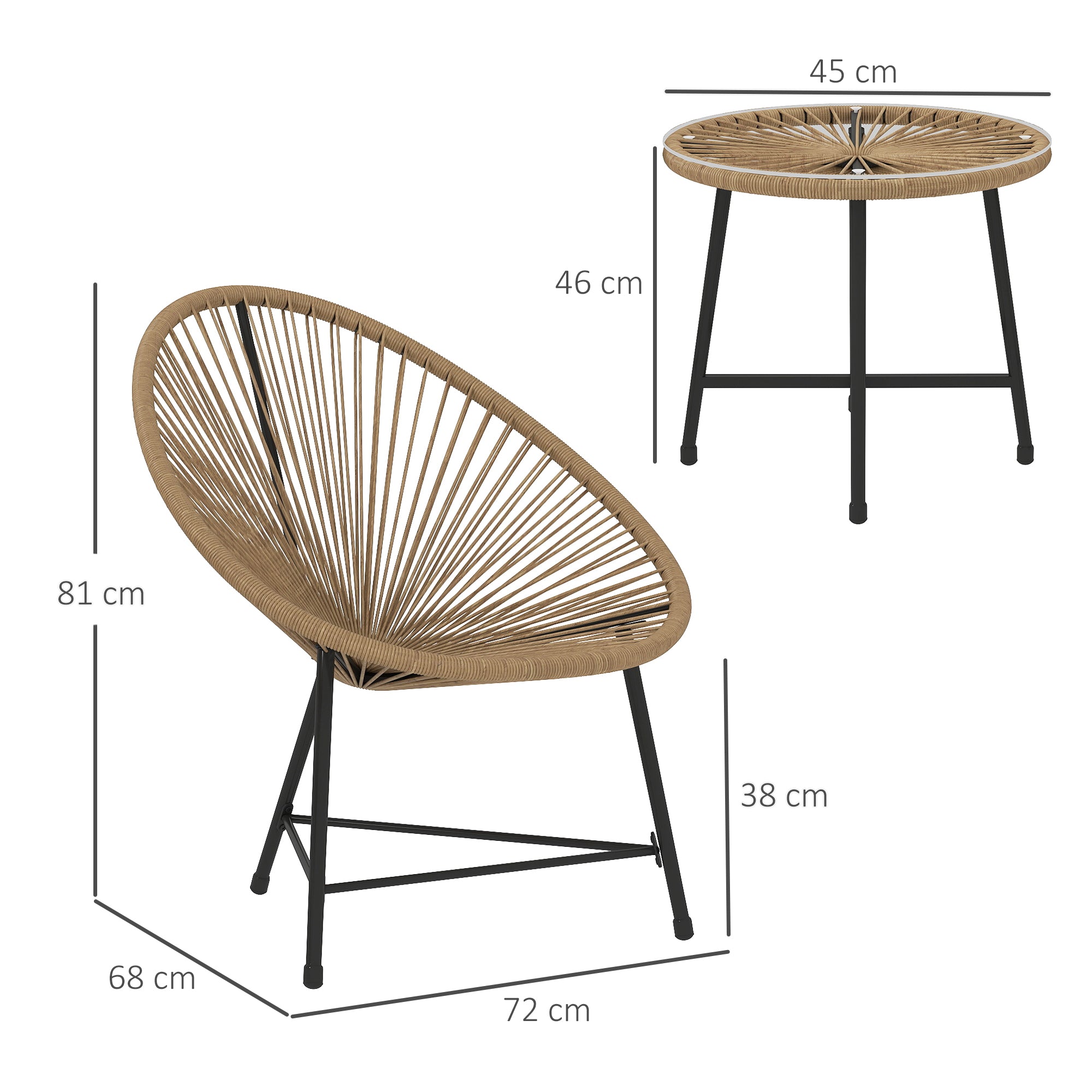 3 Piece PE Rattan and Steel Garden Set with 2 Oval Chairs and Coffee Table, Black and Wood Color
