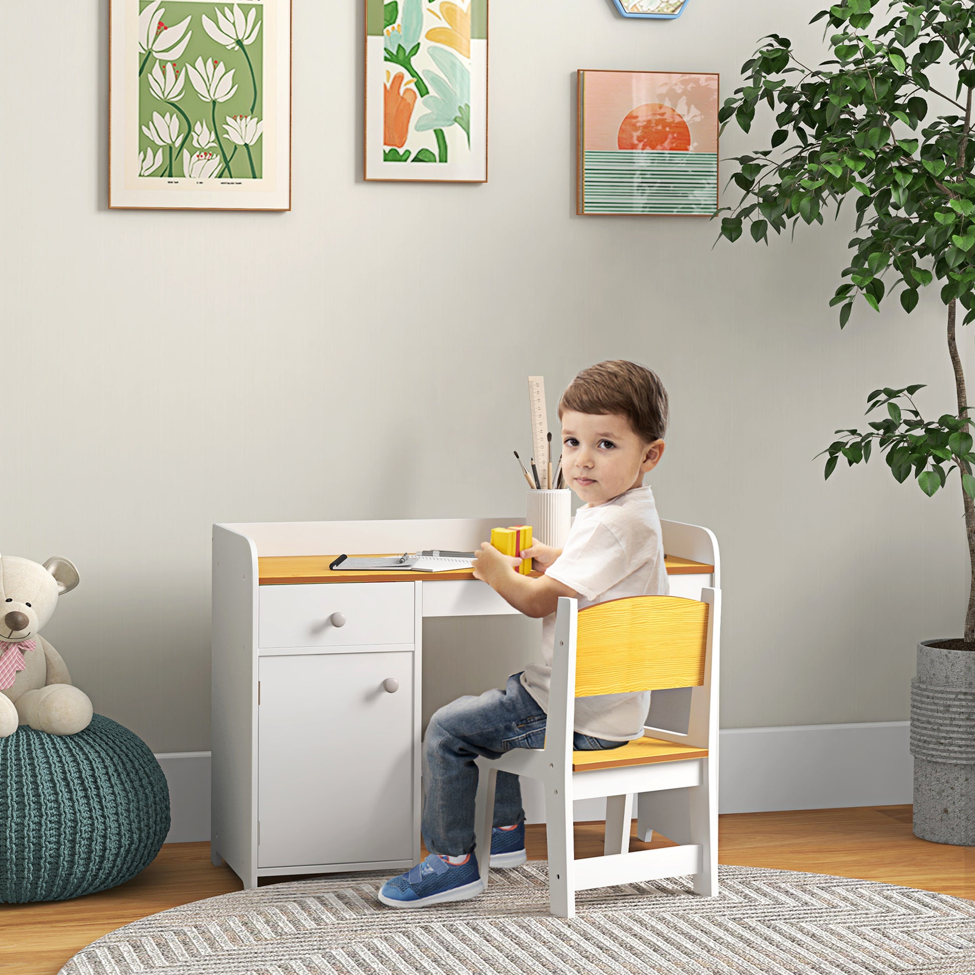 Zonekiz school desk and chair for children for 3-6 years with drawer and white wooden cabinet - Borgè