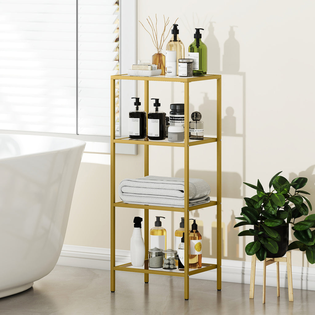 Minimalist 4-Tier Metal and Tempered Glass Shelf Unit, 40x30x96.5 cm, Gold