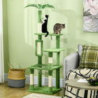 Multi-Level Cat Tree with Hammock, Scratching Post, Ball and Decorative Leaves, 49x49x142 cm, Green