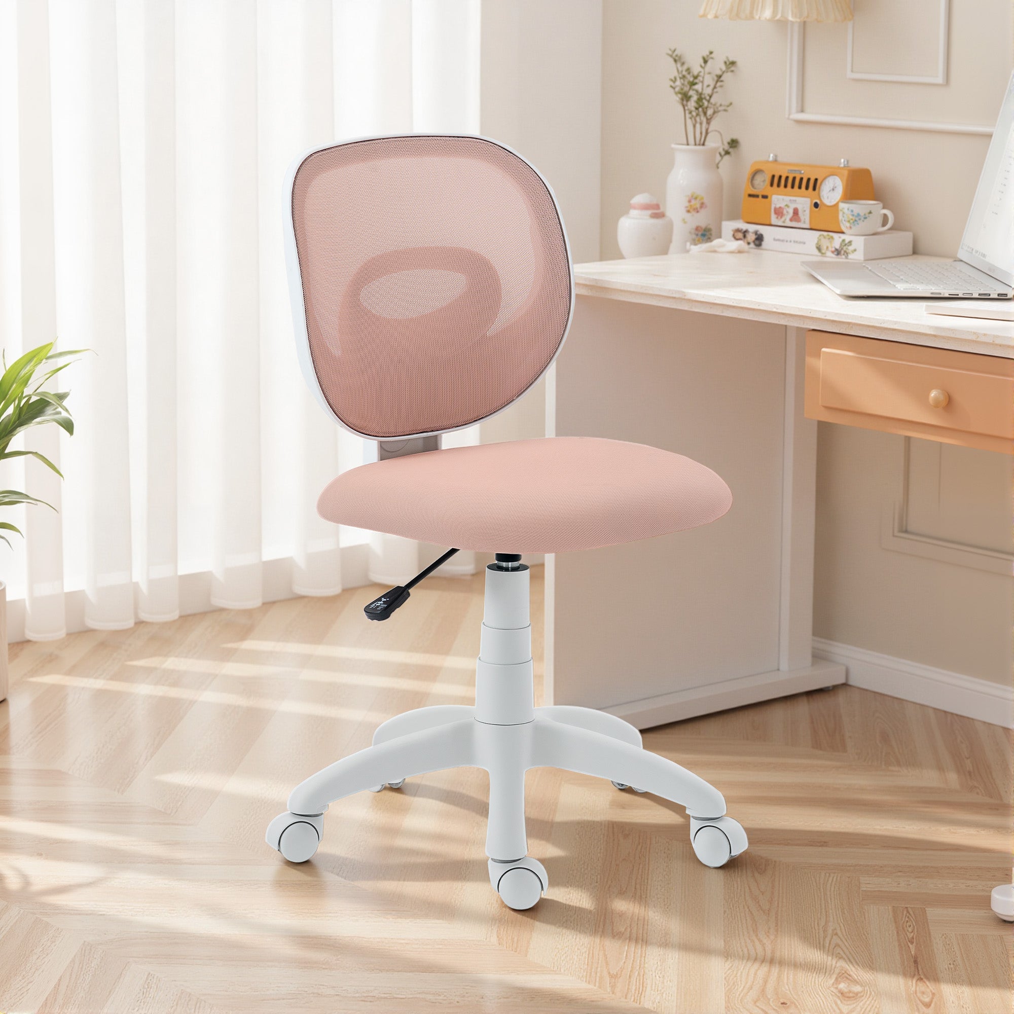 HOMCOM Ergonomic Swivel Office Chair with Breathable Mesh Fabric, Armless, Height-Adjustable, Pink