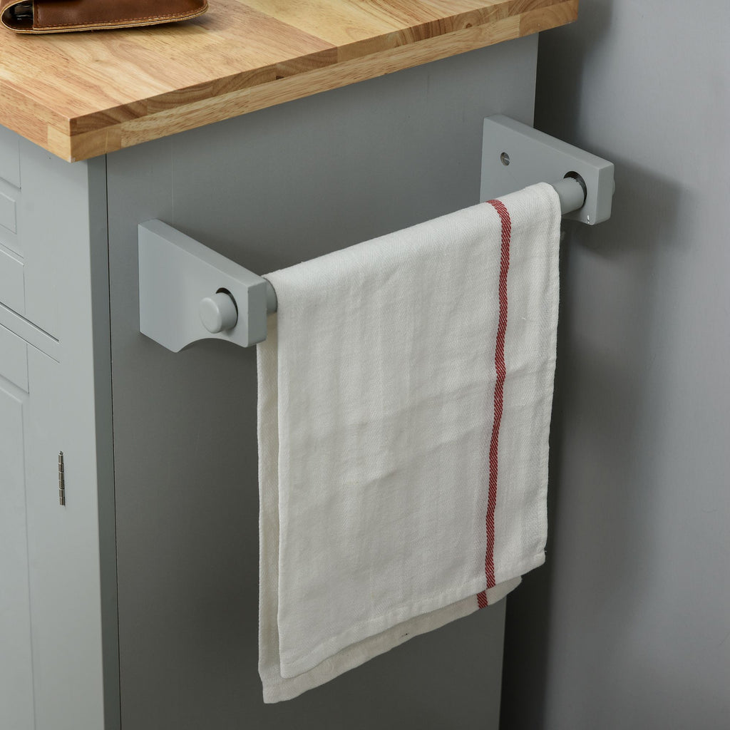 Kitchen Trolley with 2 Drawers and 2 Cabinets, Wooden Top, Spice Rack and Tea Towel Holder, Grey