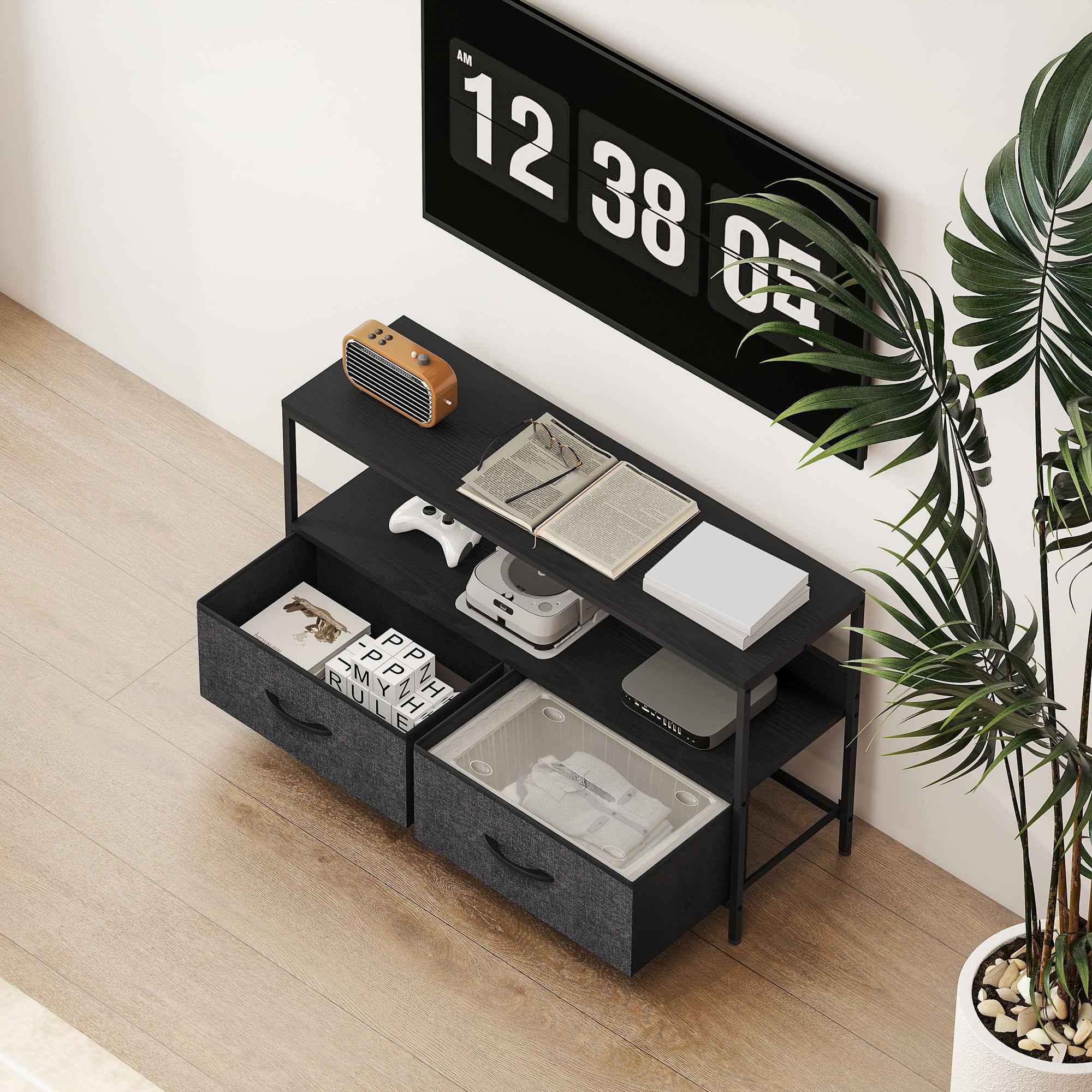 HOMCOM 47" TV Stand with Folding Fabric Drawers and Metal and MDF Shelf, 98x29x56 cm, Black