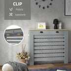 Slatted MDF Radiator Cover, Grille Radiator Cover with 2 Drawers, 111x19x95.5 cm, Grey