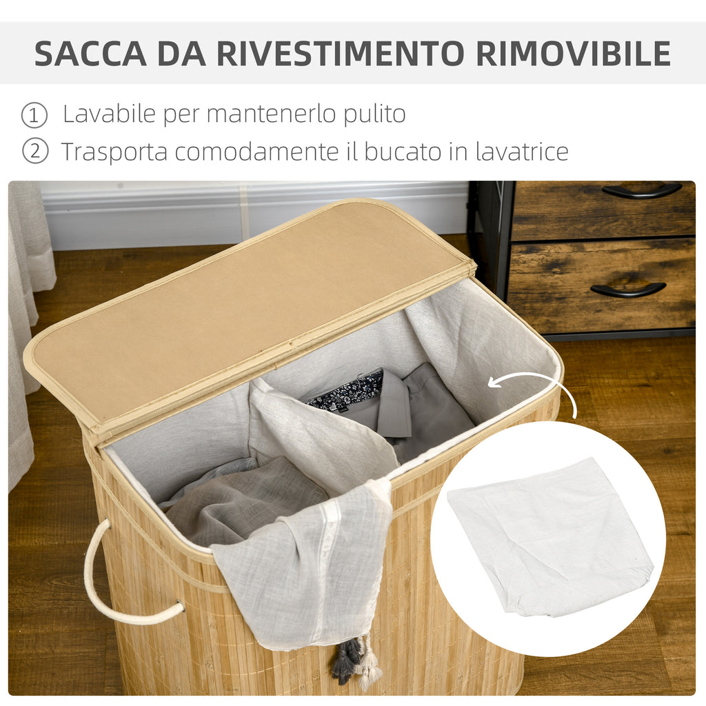 90L Foldable Laundry Basket with 2 Compartments, Bamboo Lid and Handles