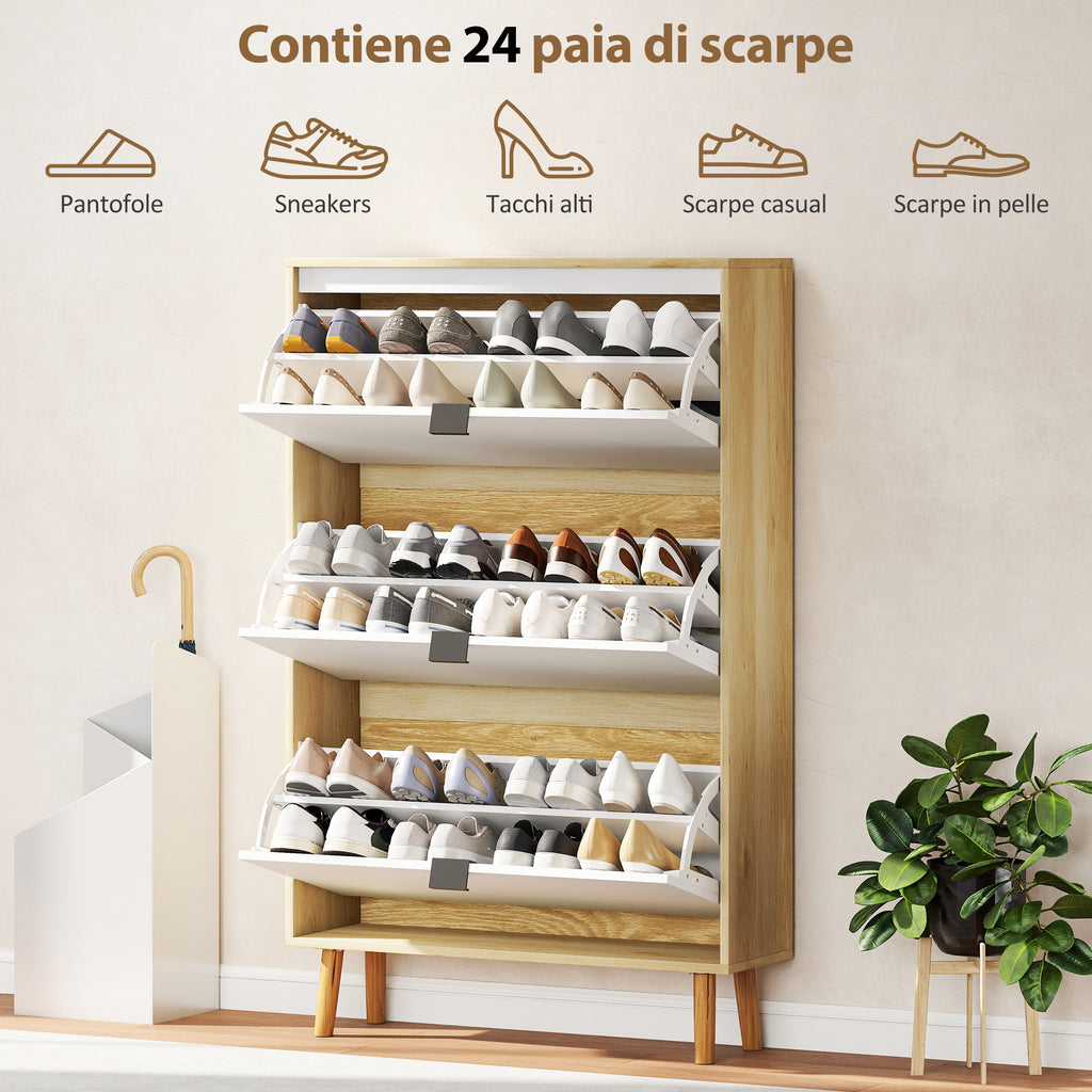 Slim Modern Shoe Rack with 3 Tilting Drawers for 24 Pairs of Shoes, 80x24x127 cm, White