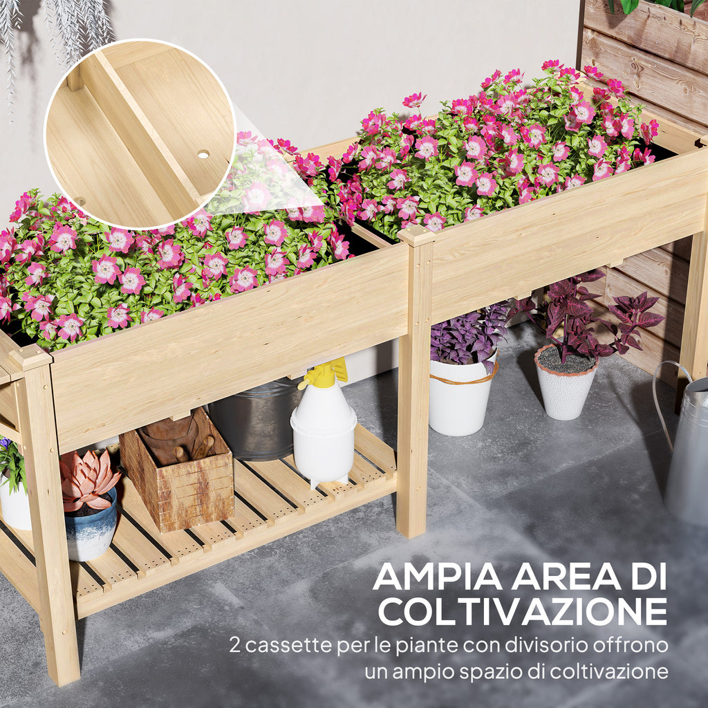 Raised Planter with Side Table and Lower Tool Shelf, in Fir Wood, 207x59x78 cm